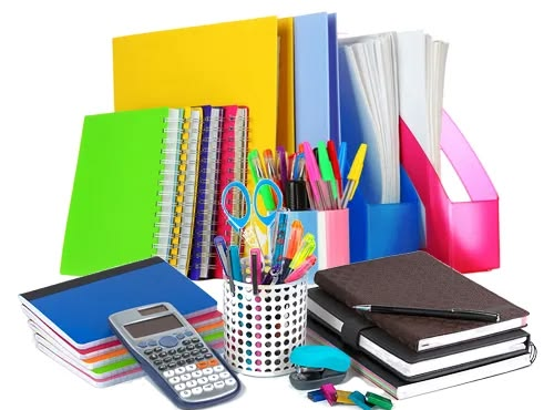 Notebooks, folders, pens and a scientific calculator