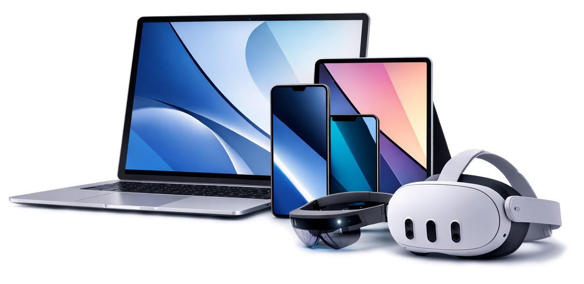 Laptop, tablet, smartphones and a VR headset