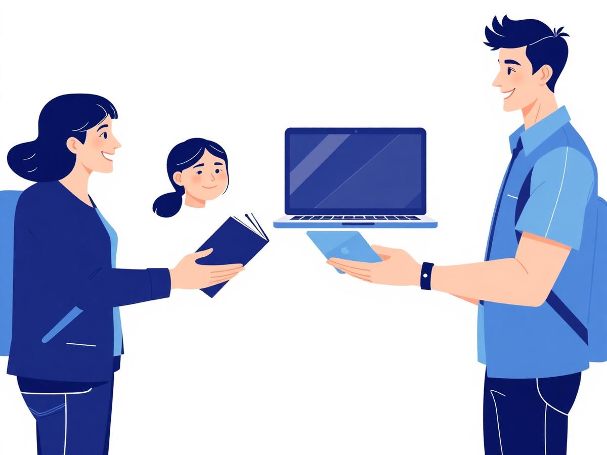 Two students exchanging a textbook and a laptop
